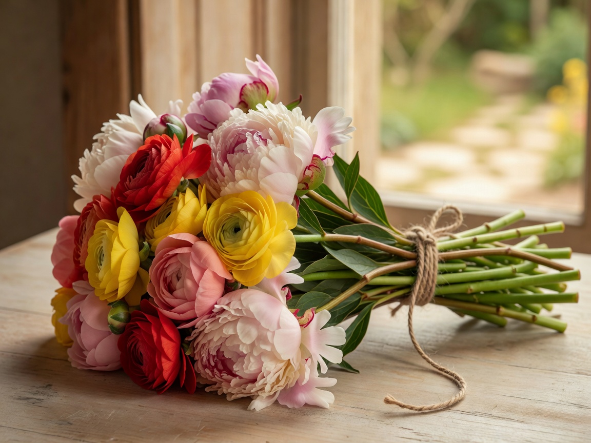 A bundle of spring ranunculus and delicate garden peonies