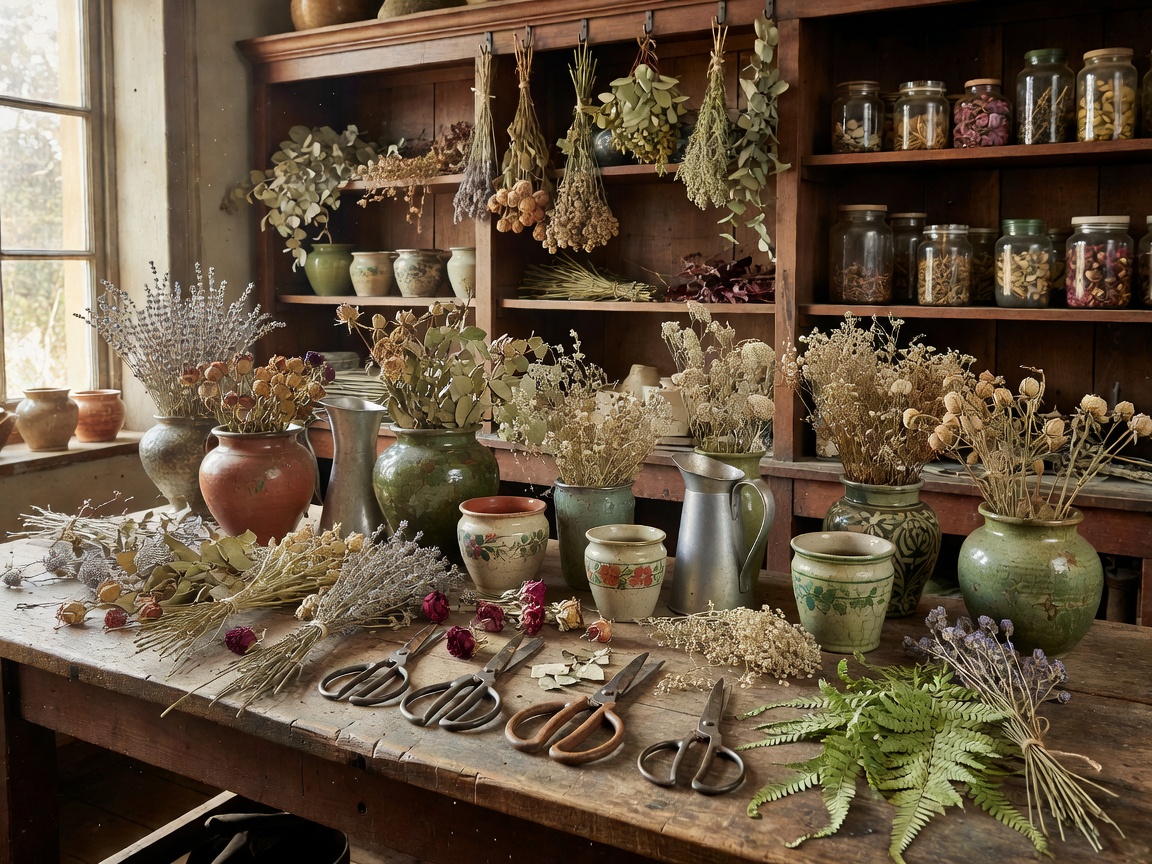 Artisan botanical studio filled with dried plants, antique urns, and garden scissors