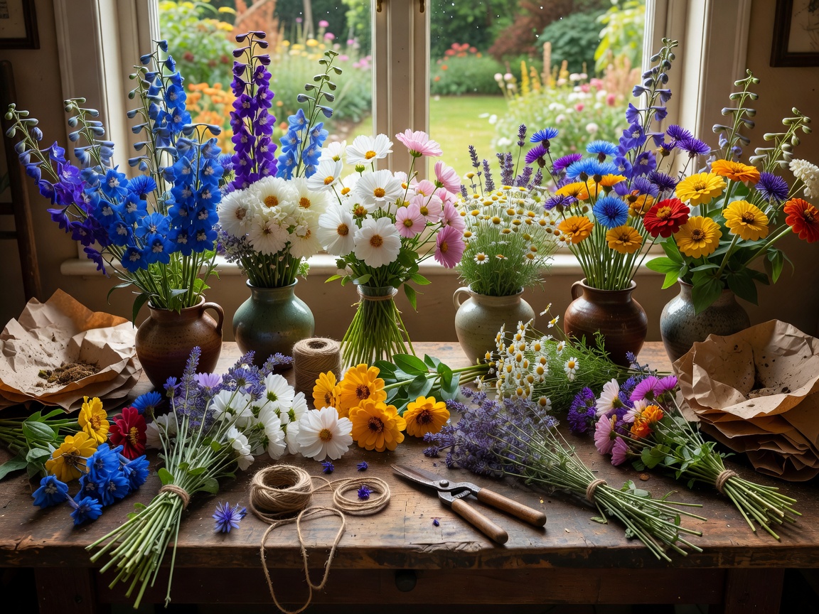 Assortment of fresh seasonal garden flowers arranged on an atelier workbench
