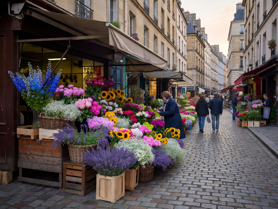 Cobblestone market street in Paris with flower stall displays