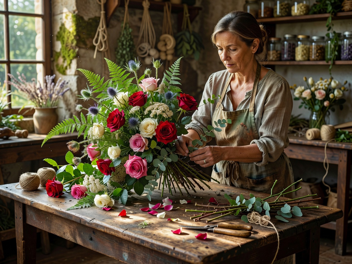 Florist arranging wild foliage and roses on a rustic wooden table