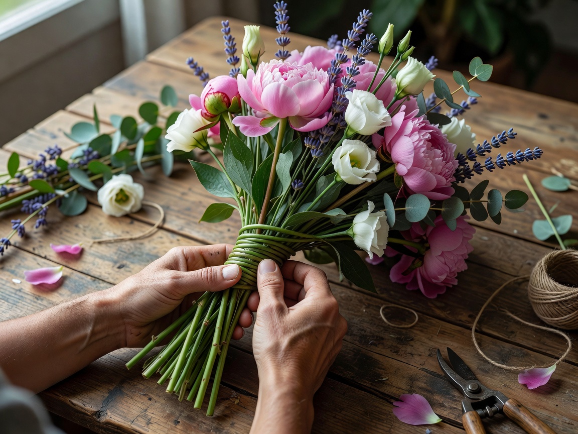 Hands crafting a hand-tied French spiral flower bouquet on a rustic table