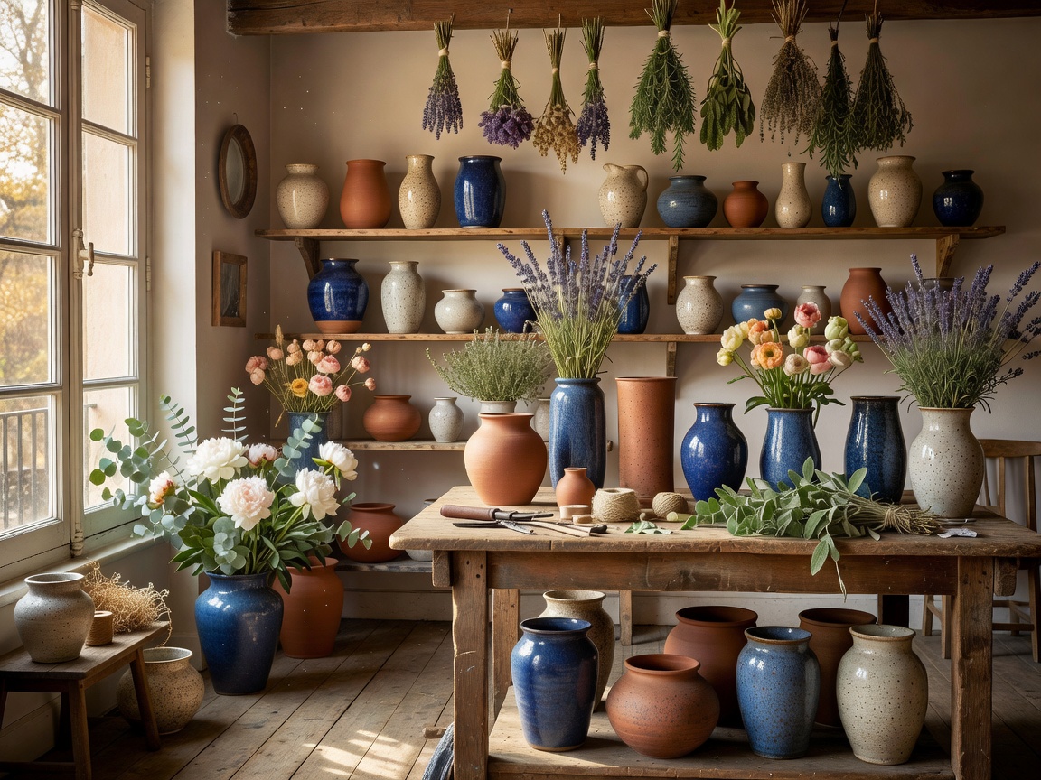 Interior of an artisan Paris flower studio with ceramic vases and drying herbs