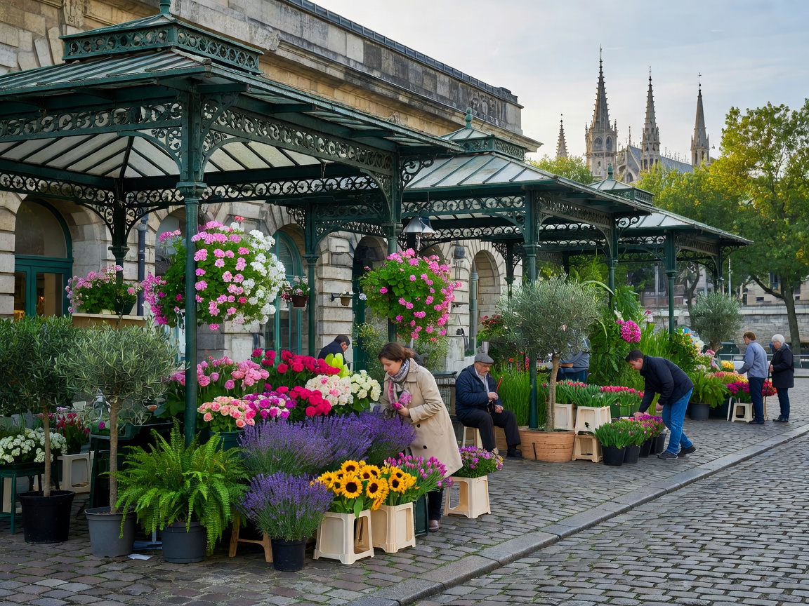 Marché aux Fleurs on Île de la Cité with green iron pavilions