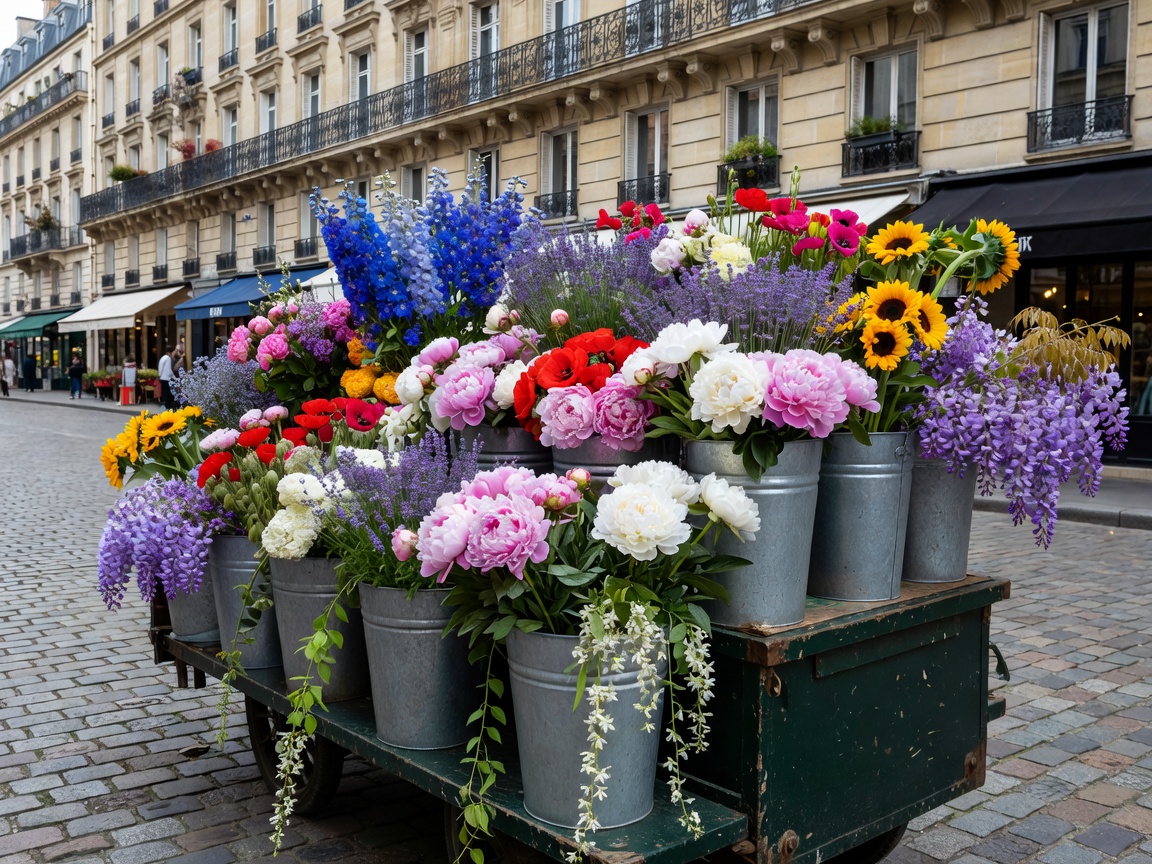 Sidewalk flower stall with overflowing zinc buckets in Paris